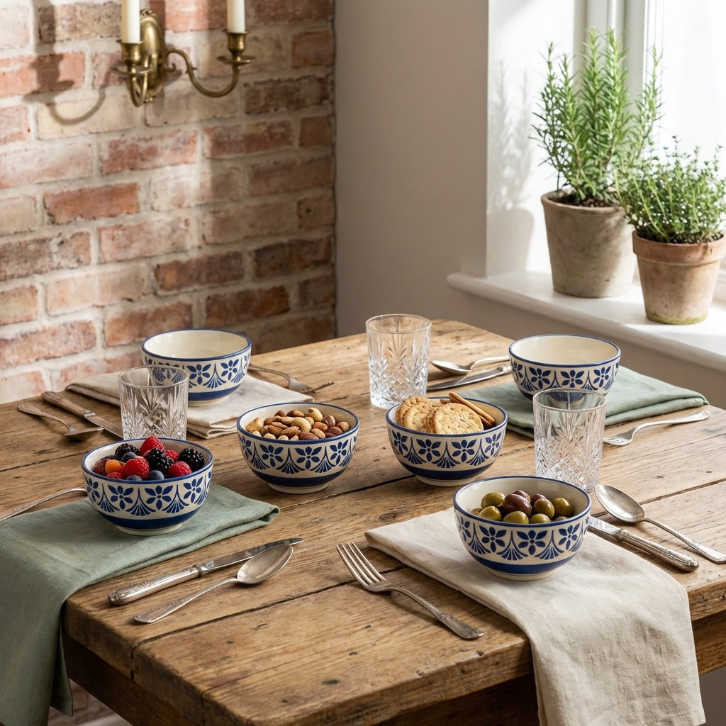 Handmade Ceramic Bowl Set, Pack of 4, Blue Floral Design