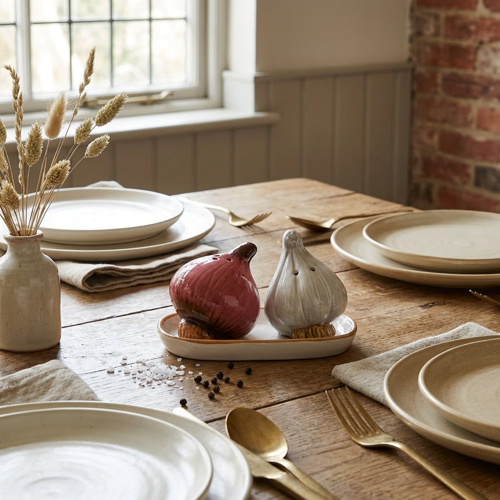 Ceramic Onion Garlic Salt Pepper Shaker Set, Pack of 2, Glossy White Kitchen Decor