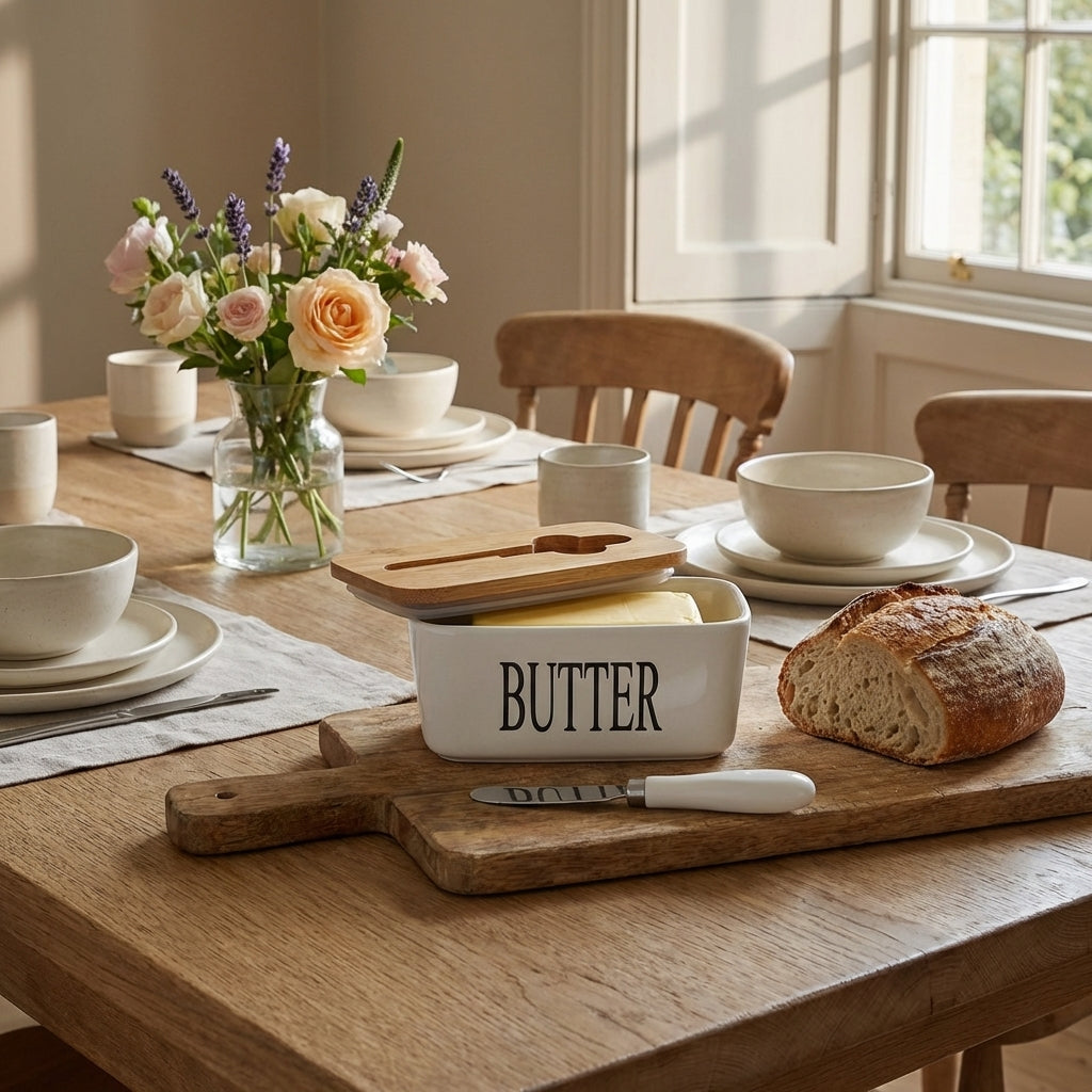 Ceramic Butter Dish With Wooden Lid And Steel Knife, Pack of 1, White