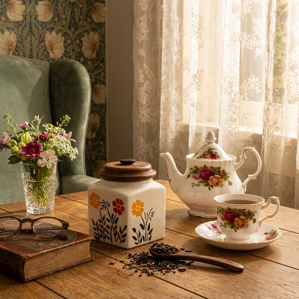 Floral Ceramic Kitchen Storage Jar With Wooden Lid And Spoon, Pack of 1, Classic Design