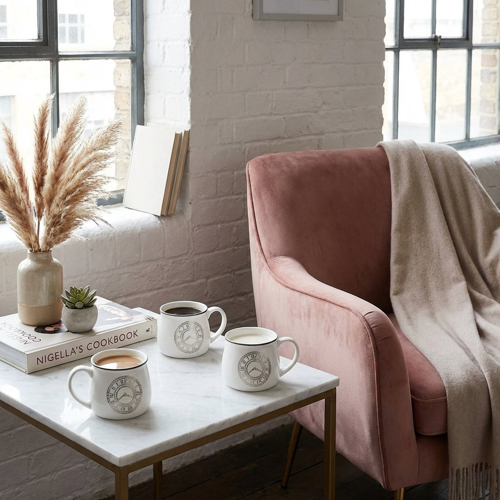 White Ceramic Tea Cups, Pack of 6, Classic Clock Design