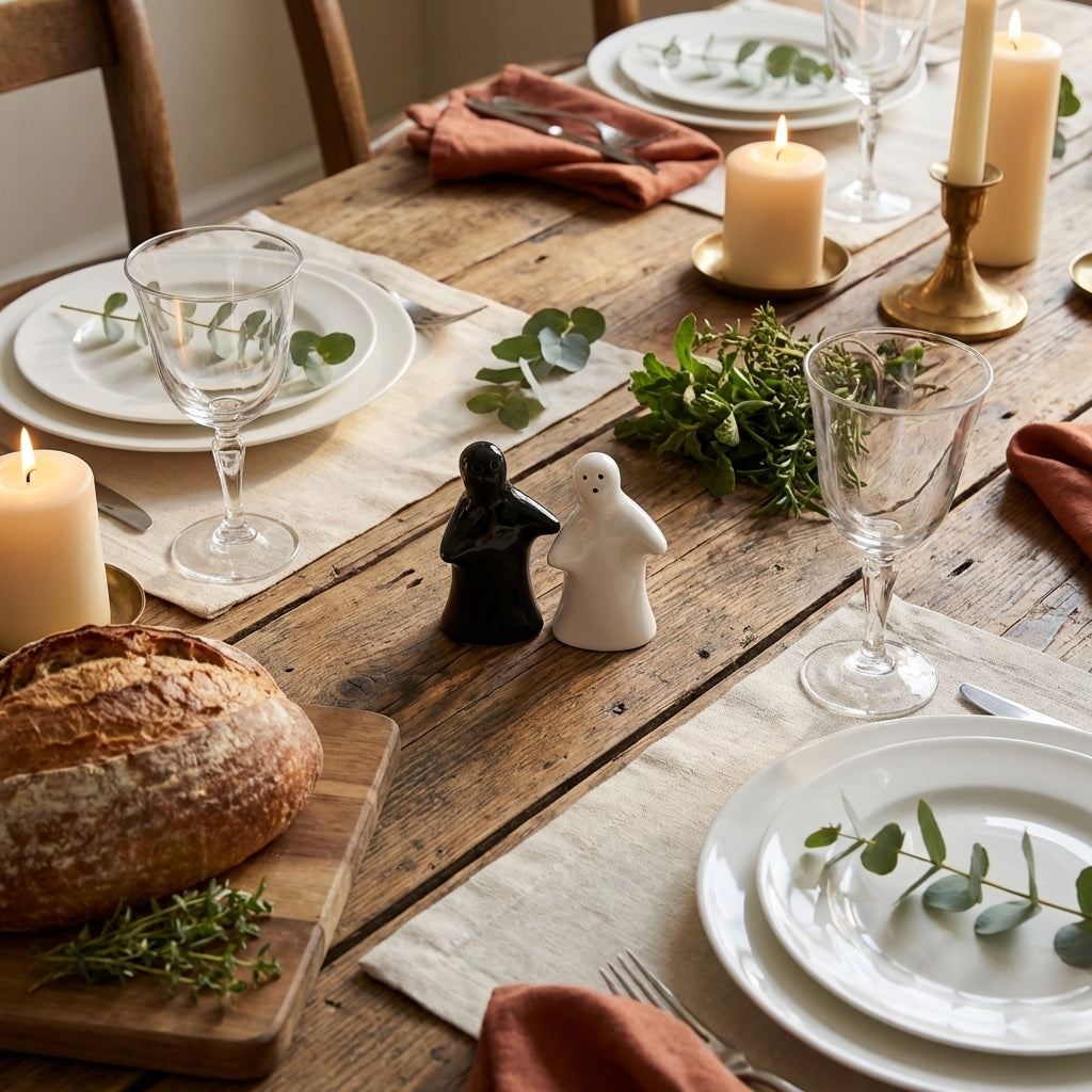 Ceramic Hugging Couple Salt Pepper Shaker Set, Pack of 2, Black White Kitchen Decor