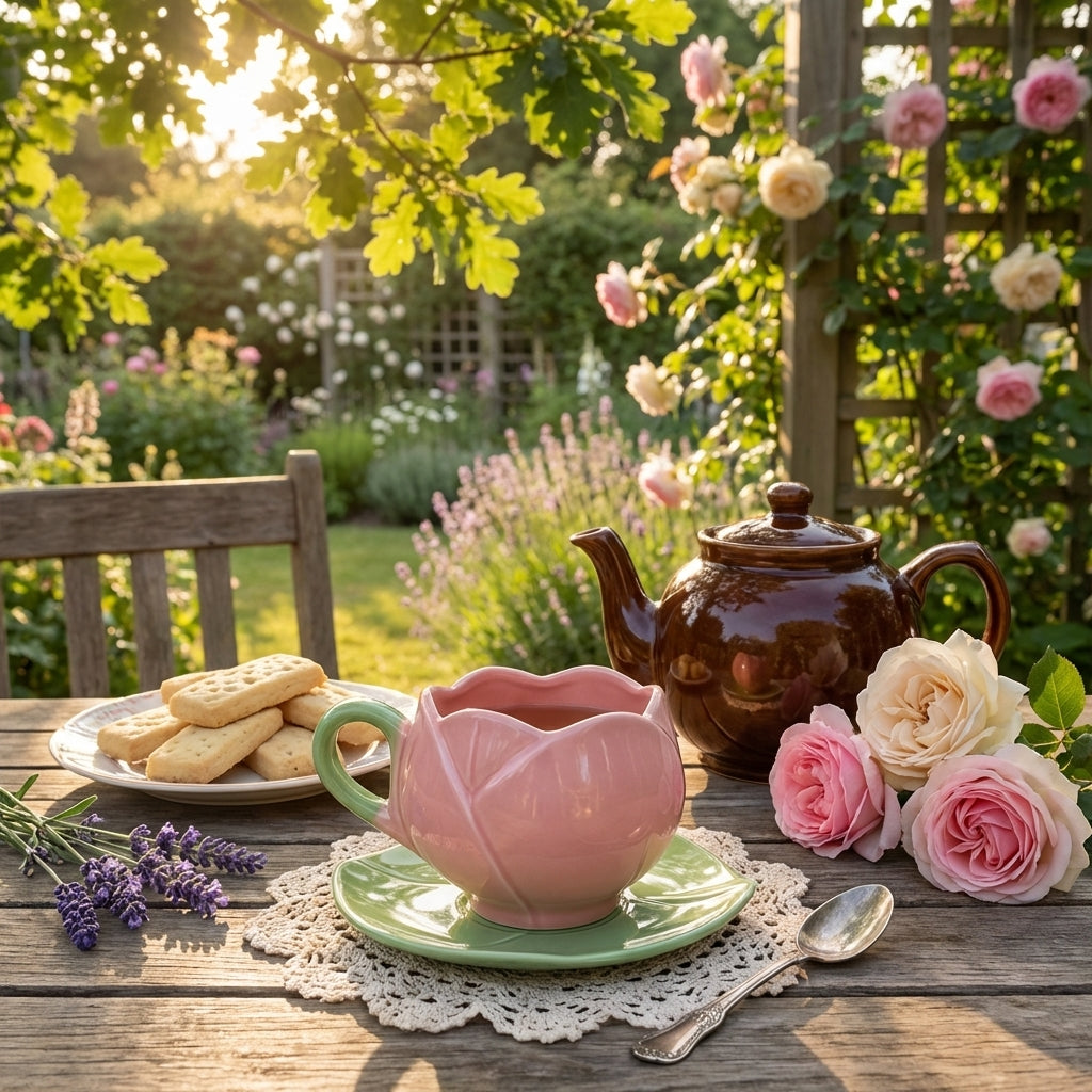 Pink Tulip Ceramic Tea Cup Set With Leaf Saucer, Pack of 1, Floral Design