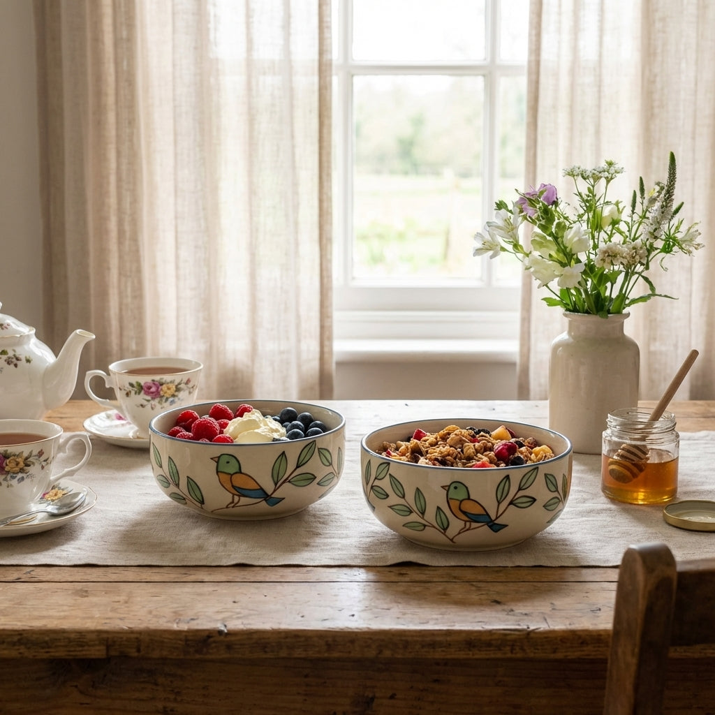 Handcrafted Ceramic Serving Bowls, Pack of 2, Bird Leaf Design