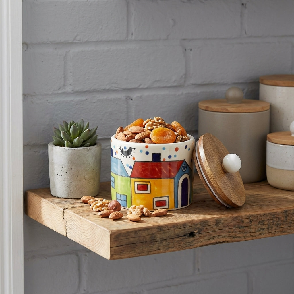 Ceramic Village Storage Jar With Wooden Lid, Pack of 1, Multicolour