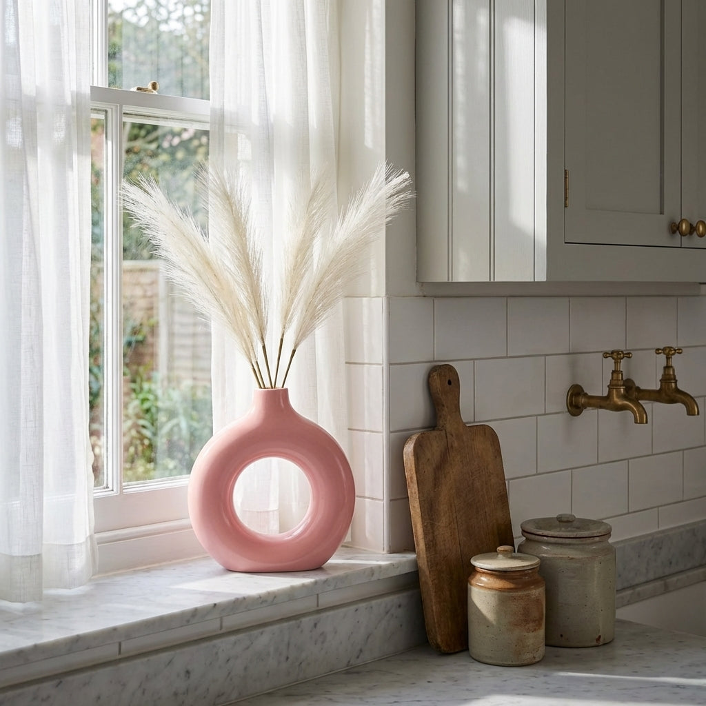 Pink Donut Ceramic Flower Vase, Pack of 1, Handcrafted Artistic Home Decor