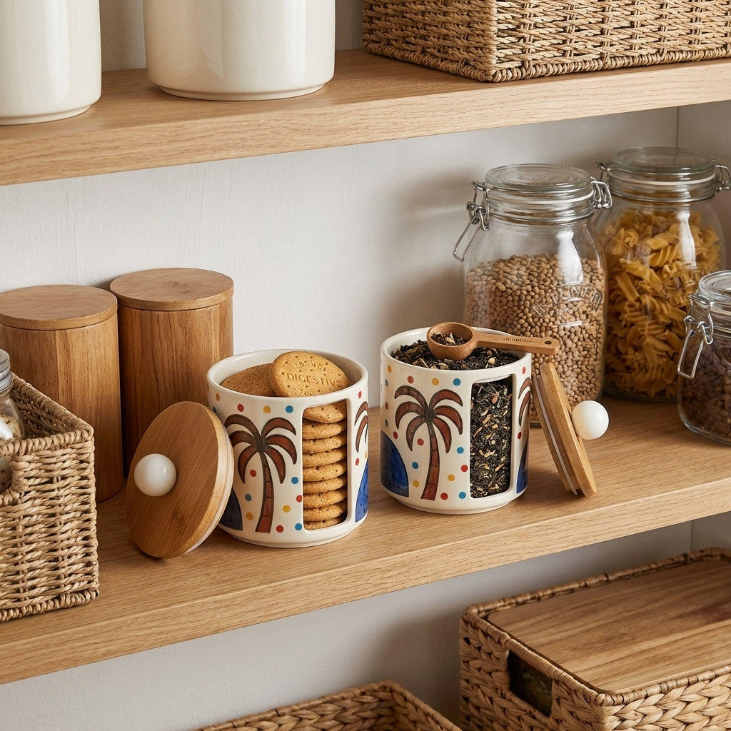 MUDMINGLE Hand Painted Ceramic Storage Jars With Wooden Lids, Pack of 2, Decorative Kitchen