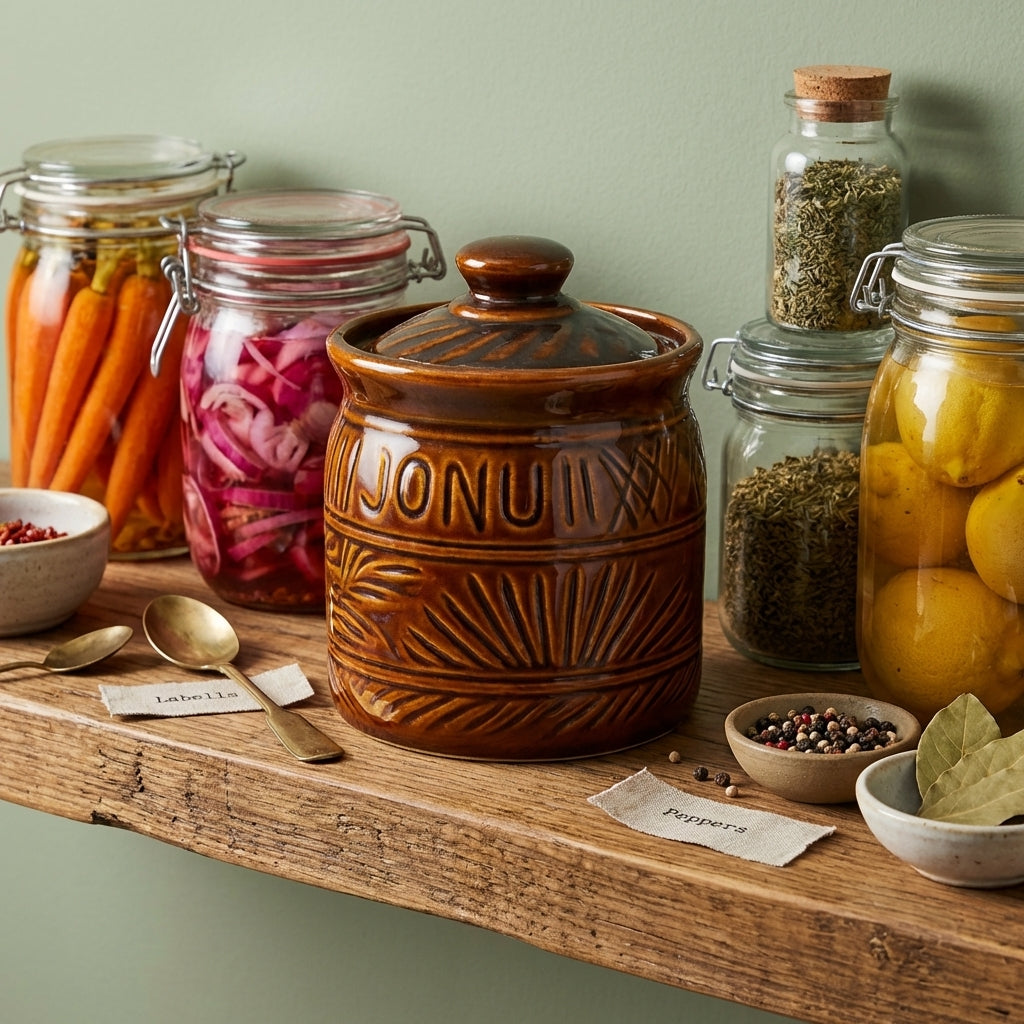 Ceramic Brown Pickle Jar With Lid, Pack of 1, Elegant Leaf Design