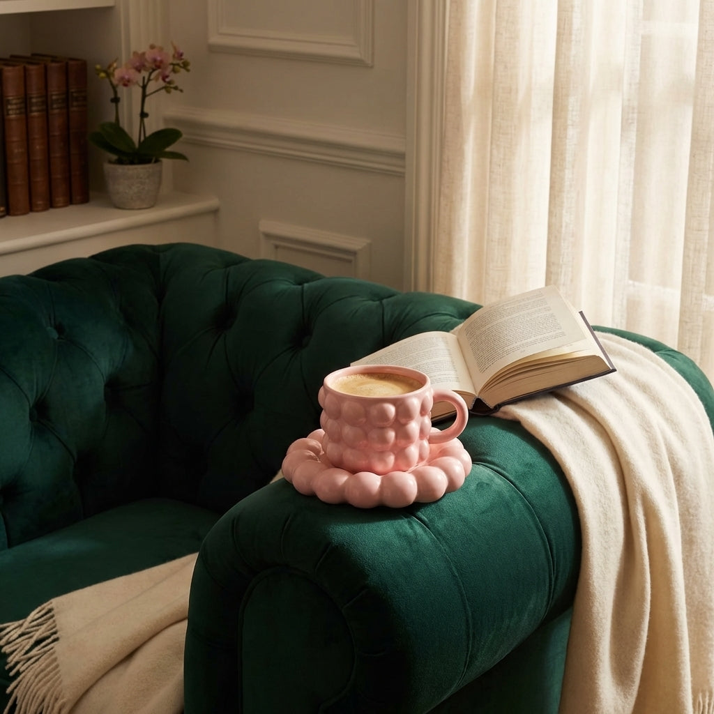 Pink Ceramic Bubble Cup And Saucer Set, Pack Of 1, Modern Sculptural Design