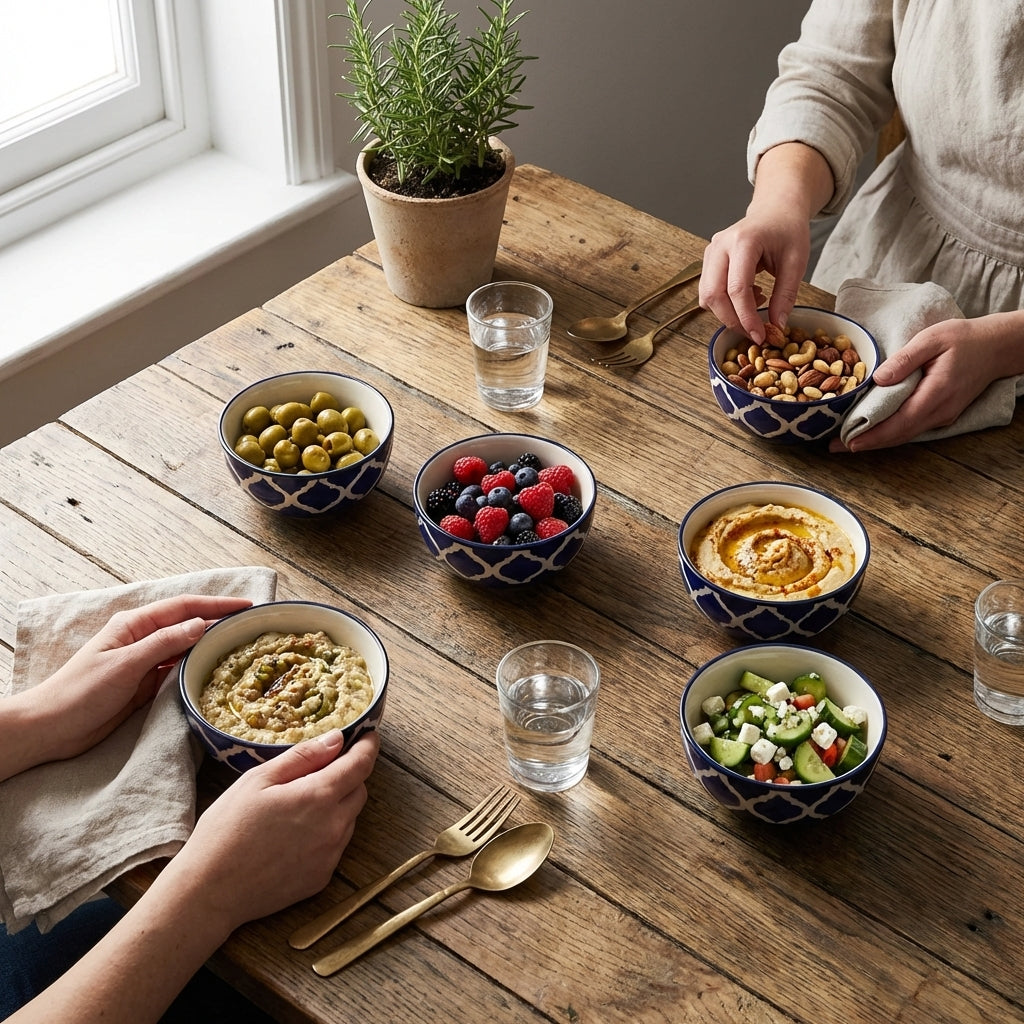 Blue Ceramic Bowl Set, Pack of 6, Microwave Safe Elegant Kitchen Dinnerware