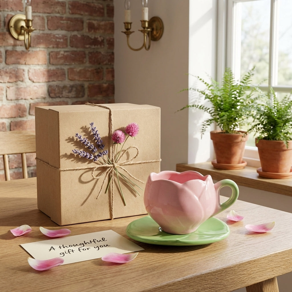 Tulip Ceramic Tea Cup and Leaf Saucer Set, Pack of 1, Pink