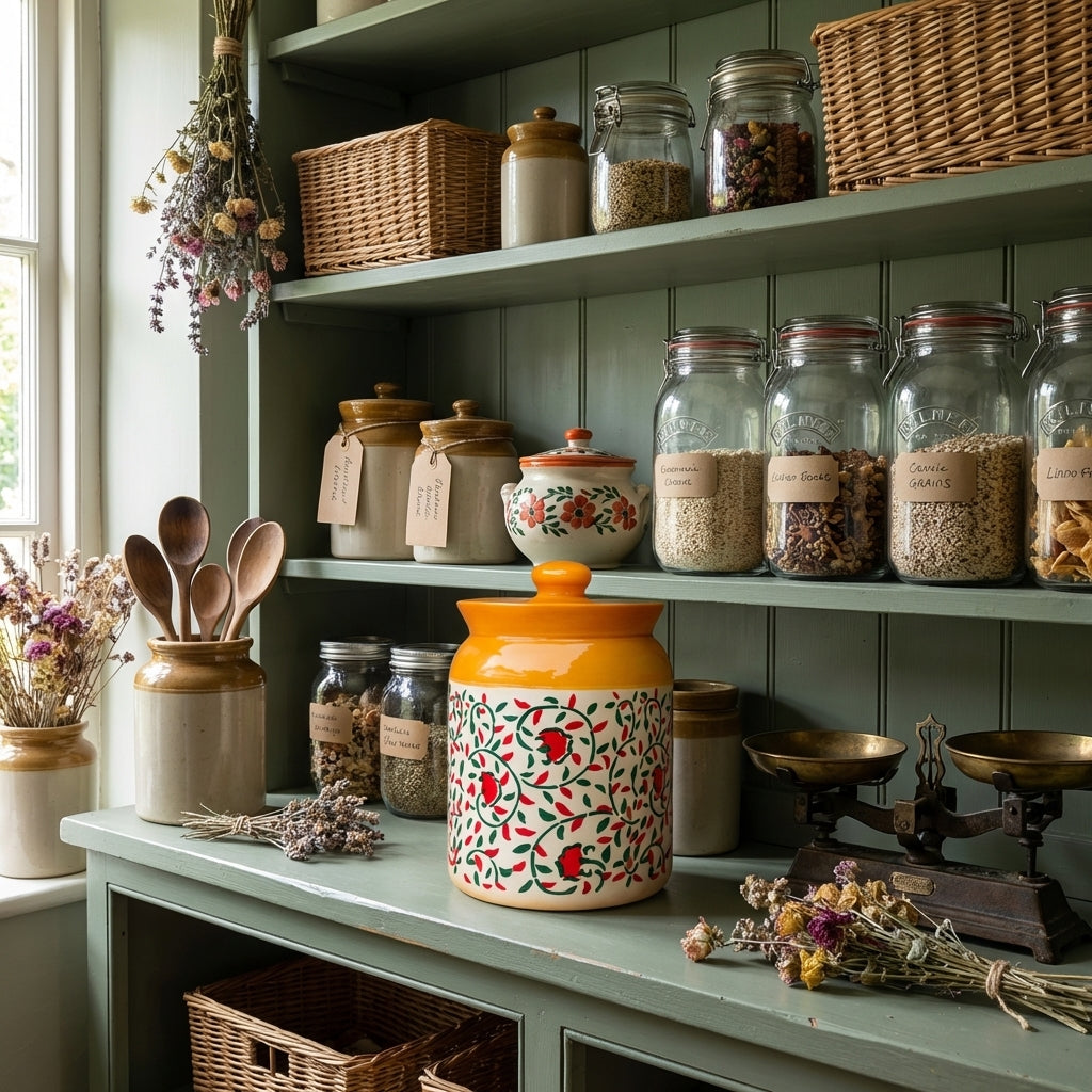 Elegant Orange Ceramic Storage Jar With Lid, Pack of 1, Orange Painted Design