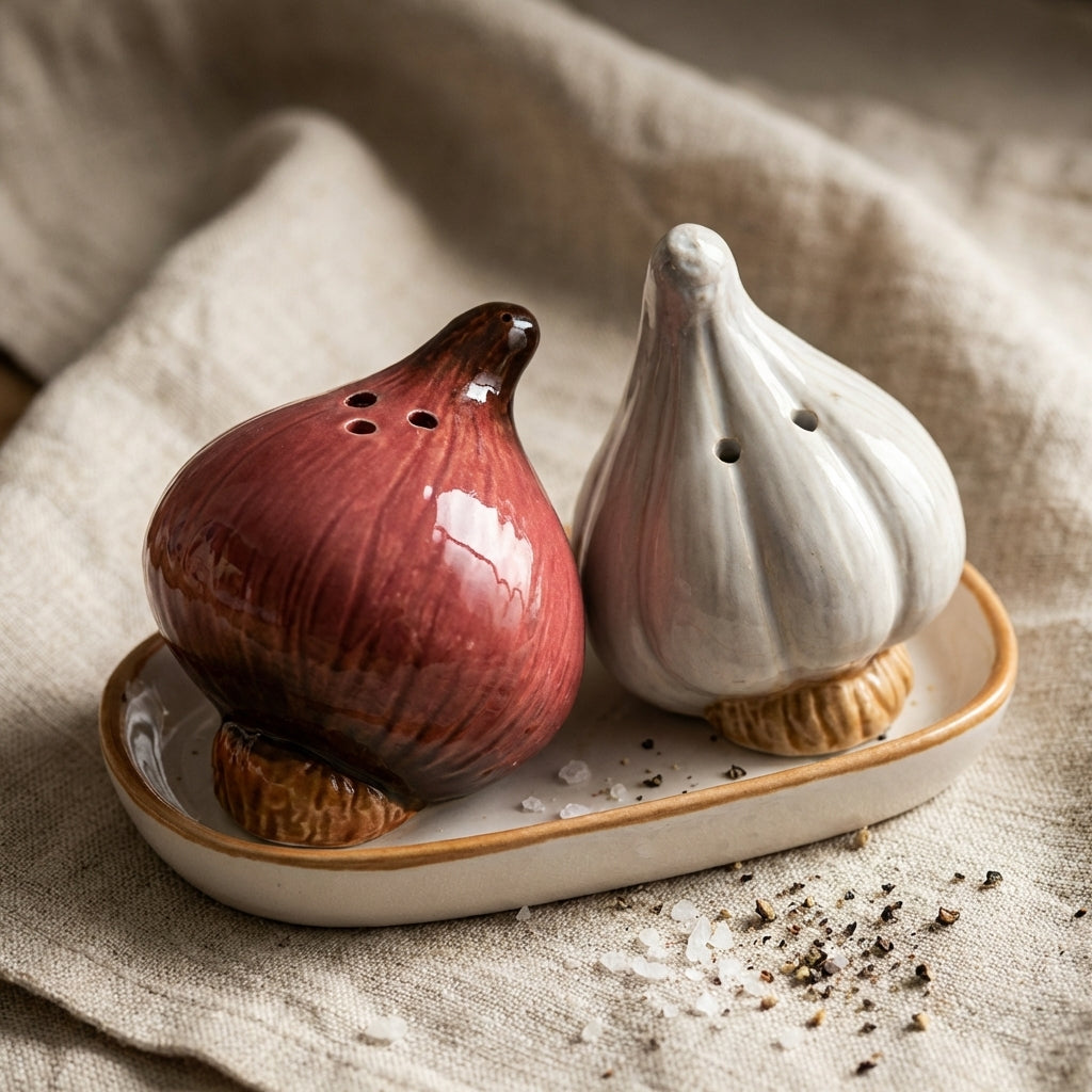 Ceramic Onion Garlic Salt Pepper Shaker Set, Pack of 2, Glossy White Kitchen Decor