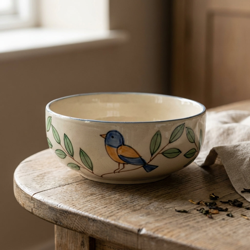 Handcrafted Ceramic Serving Bowls, Pack of 2, Bird Leaf Design