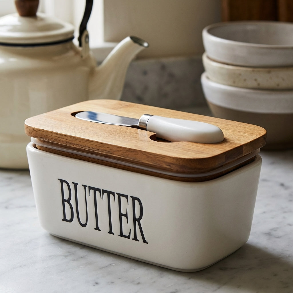 Ceramic Butter Dish With Wooden Lid And Steel Knife, Pack of 1, White