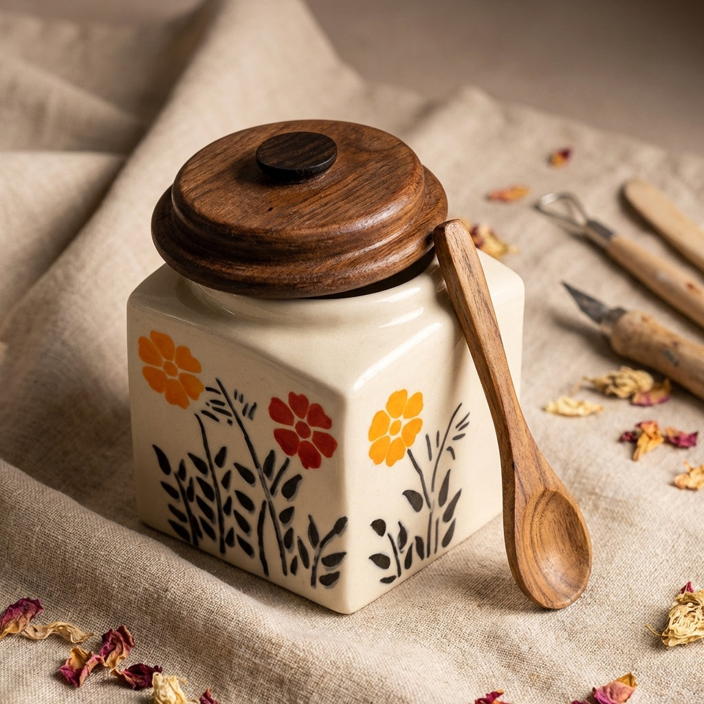 Floral Ceramic Kitchen Storage Jar With Wooden Lid And Spoon, Pack of 1, Classic Design