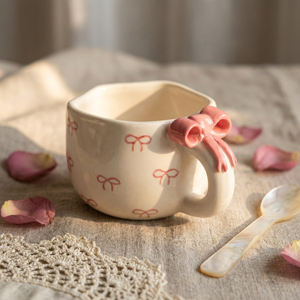 Traditional Ceramic Coffee Mug with Bow Print Design, Pack of 1, Classic Style