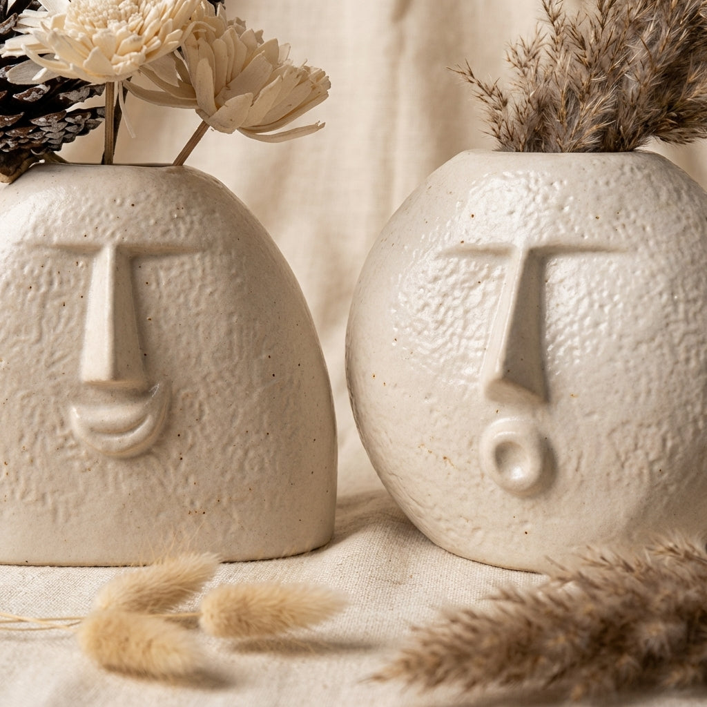 NEETI DECORS Ceramic Face Shaped Decorative Vases, Pack of 2, White and Black Modern Design