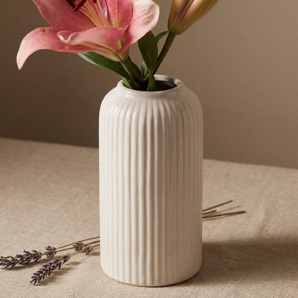 White Ceramic Ribbed Vase, Pack of 1, Modern Farmhouse Style