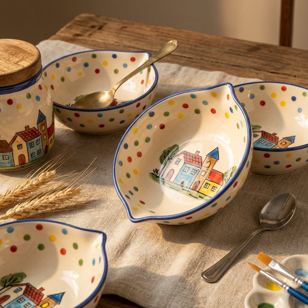 SAJAAO Handcrafted Ceramic Serving Bowl and Jar Set, Pack of 6, Multicolor Village Theme