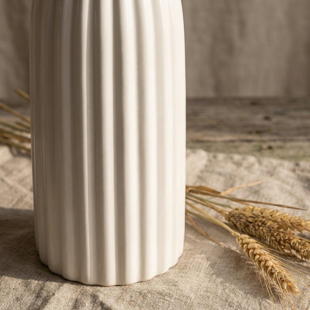 Ribbed Ceramic Flower Vase, Pack of 1, White 10 Inch Home Decor Centerpiece