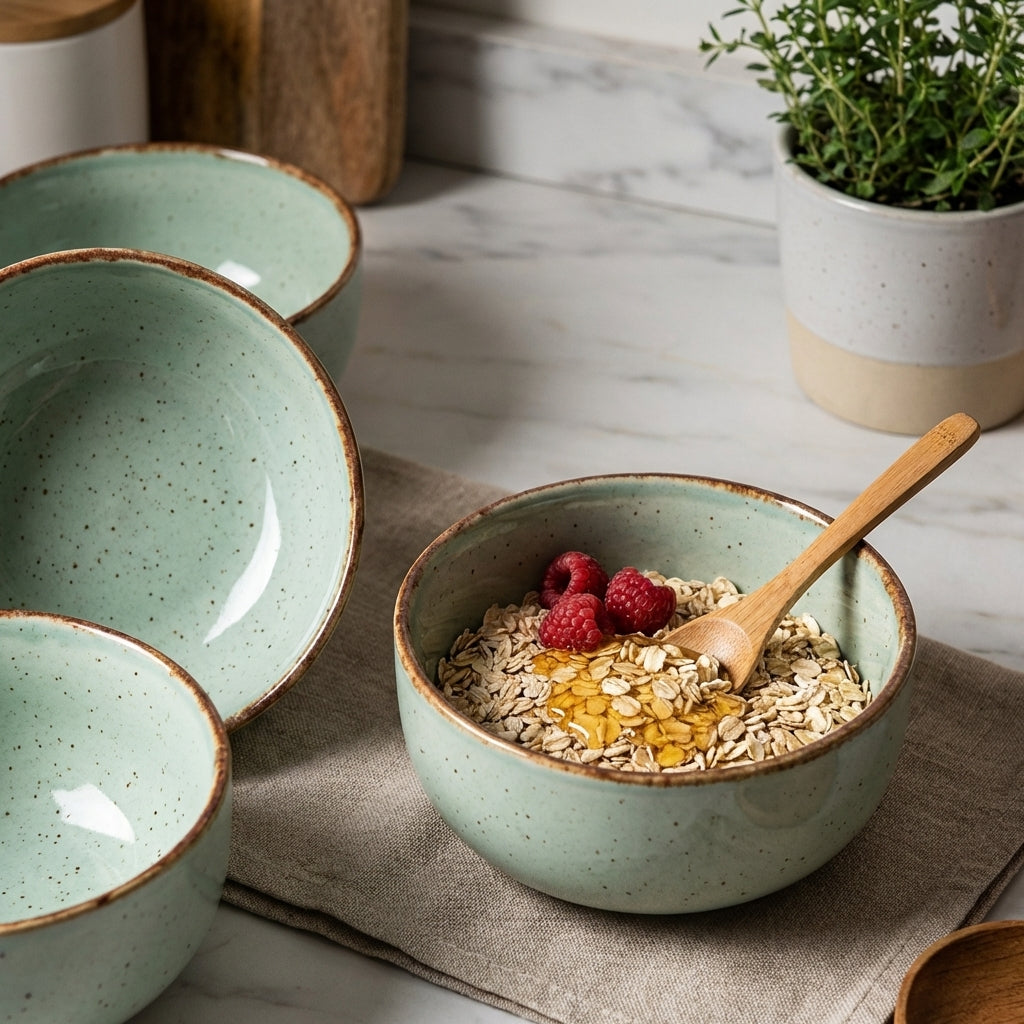 Premium Ceramic Speckled Soup Bowl Set, Pack of 2, Aqua Green With Rustic Border