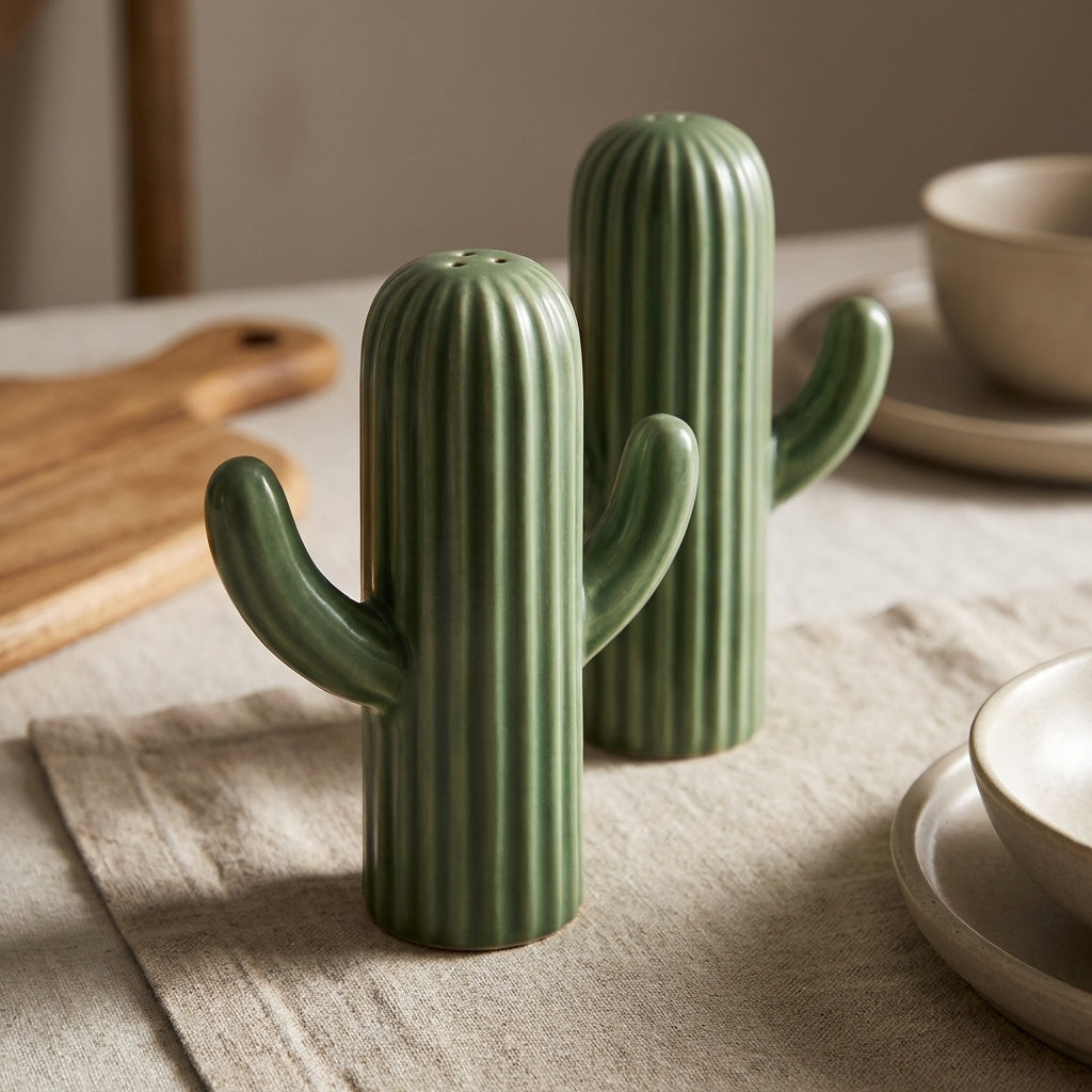 Ceramic Cactus Salt And Pepper Shakers, Pack of 2, Green Kitchen Dining Set