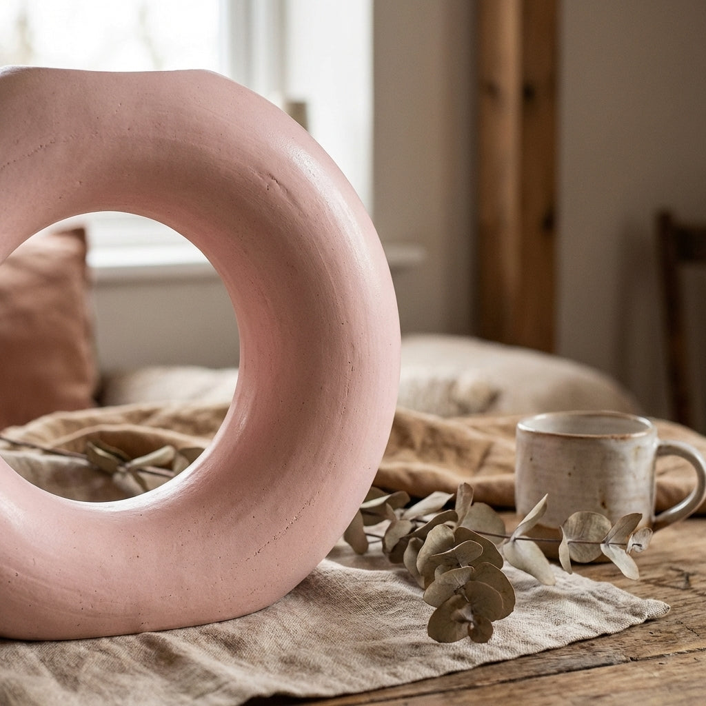 Pink Donut Ceramic Flower Vase, Pack of 1, Handcrafted Artistic Home Decor