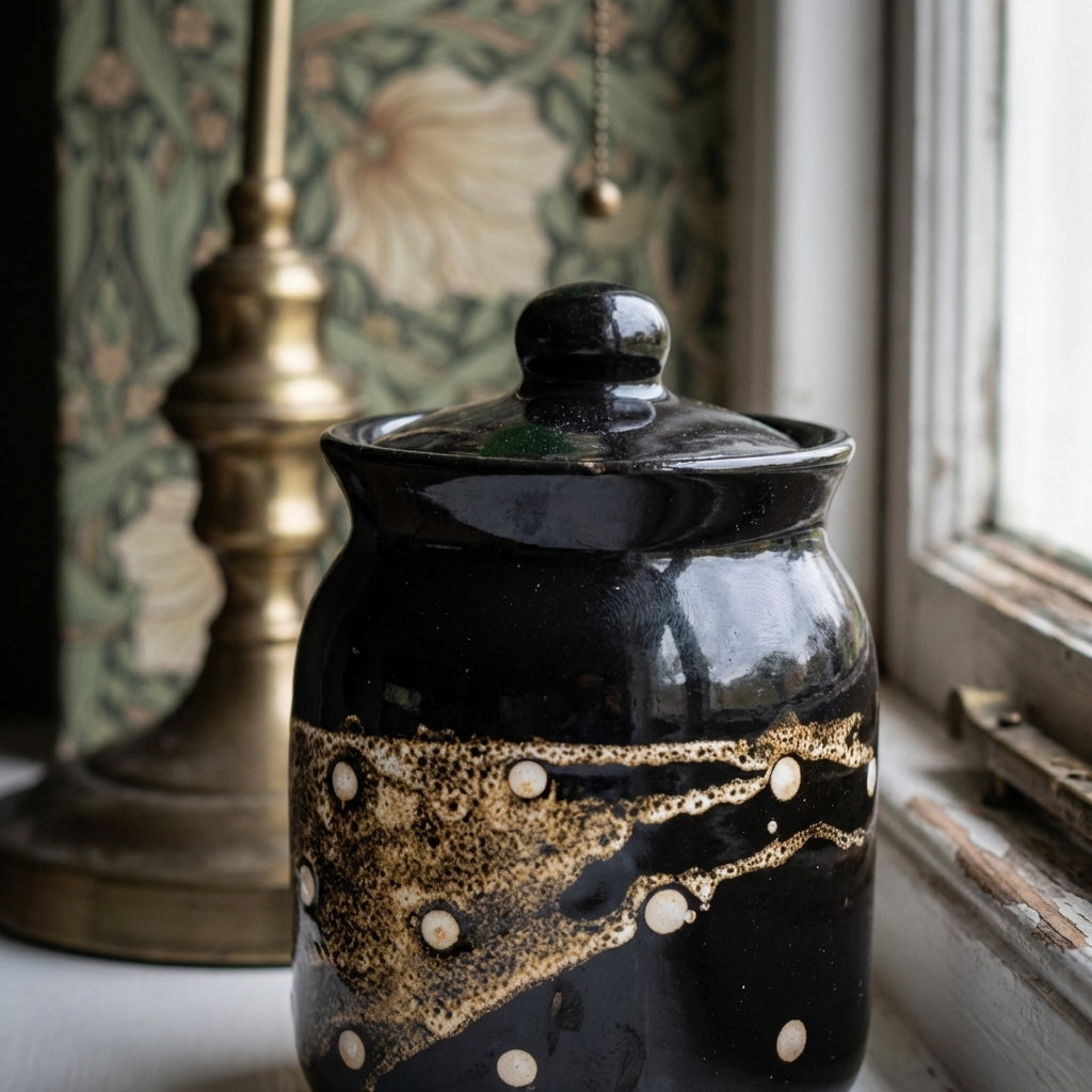 Handmade Ceramic Storage Jars, Pack of 2, Black Dotted Traditional Pottery Containers 1000ml