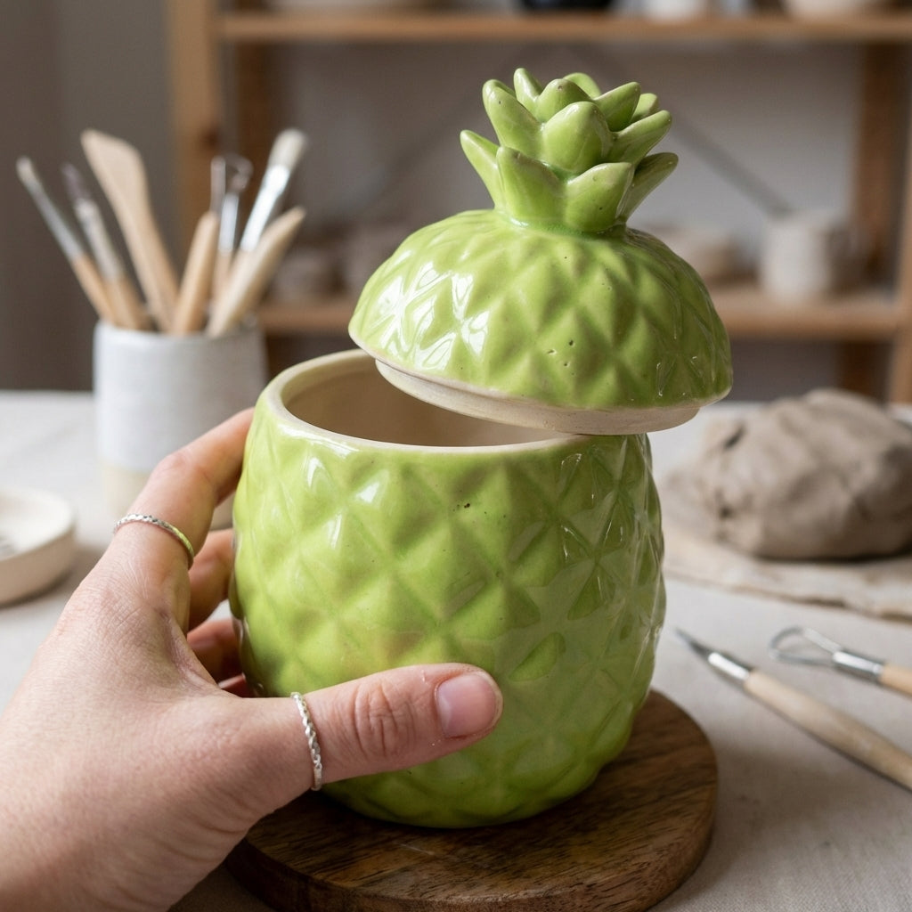 NAZ Handcrafted Pineapple Ceramic Kitchen Storage Jar, Pack of 1, Parrot Green