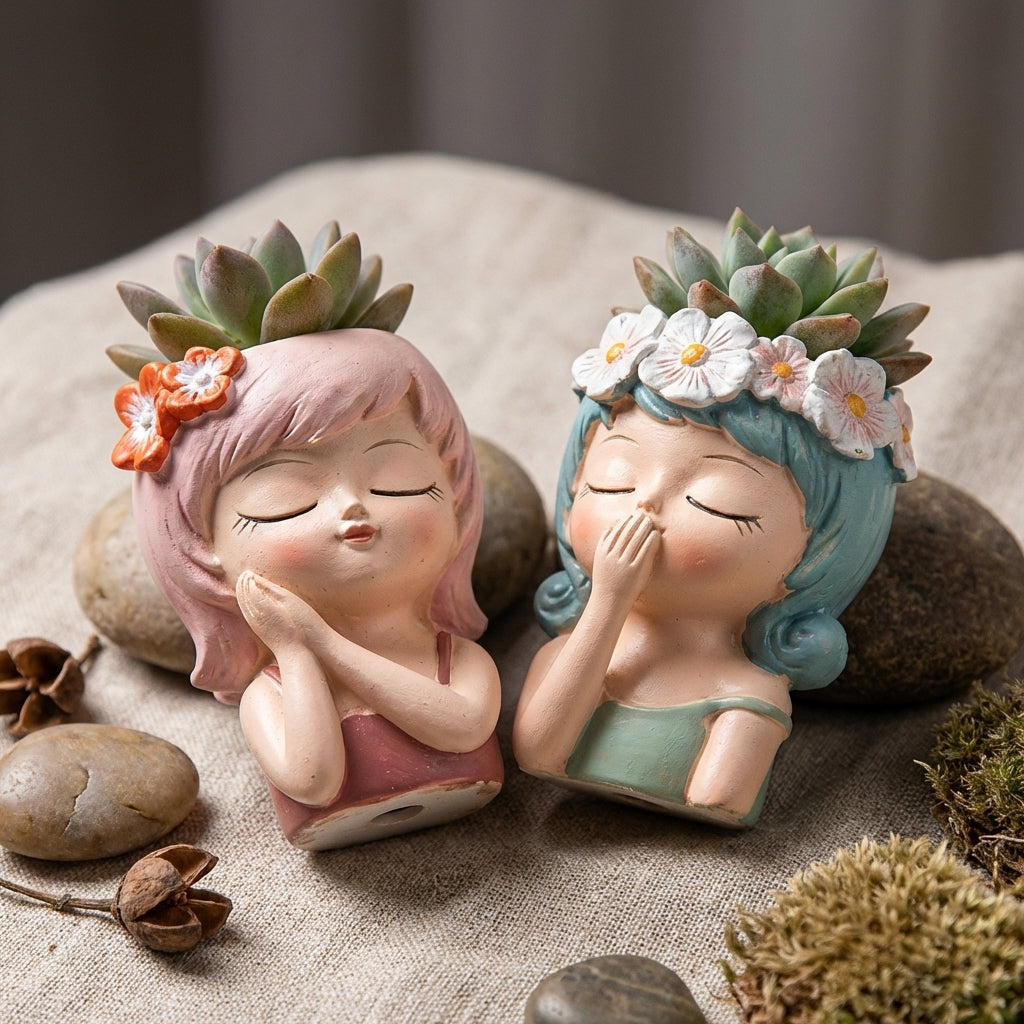 Cute Girl Face Succulent Planters, Pack of 2, Colourful Resin