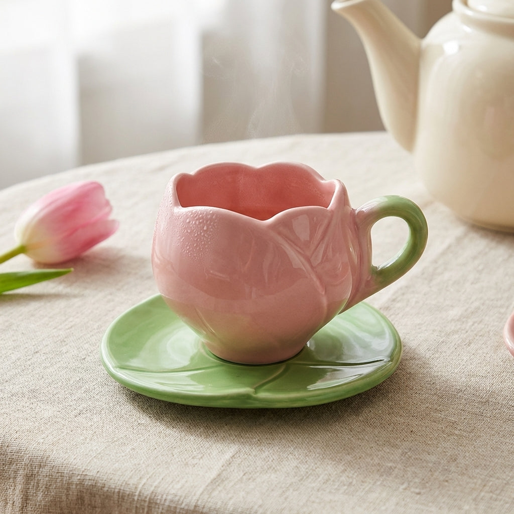 Tulip Ceramic Tea Cup and Leaf Saucer Set, Pack of 1, Pink