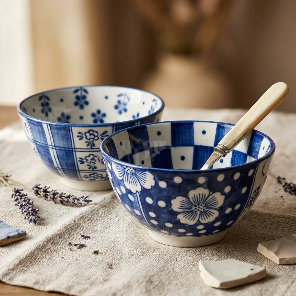 HENIJ Ceramic Bowl Set, Pack of 4, Vintage Blue White Floral Design