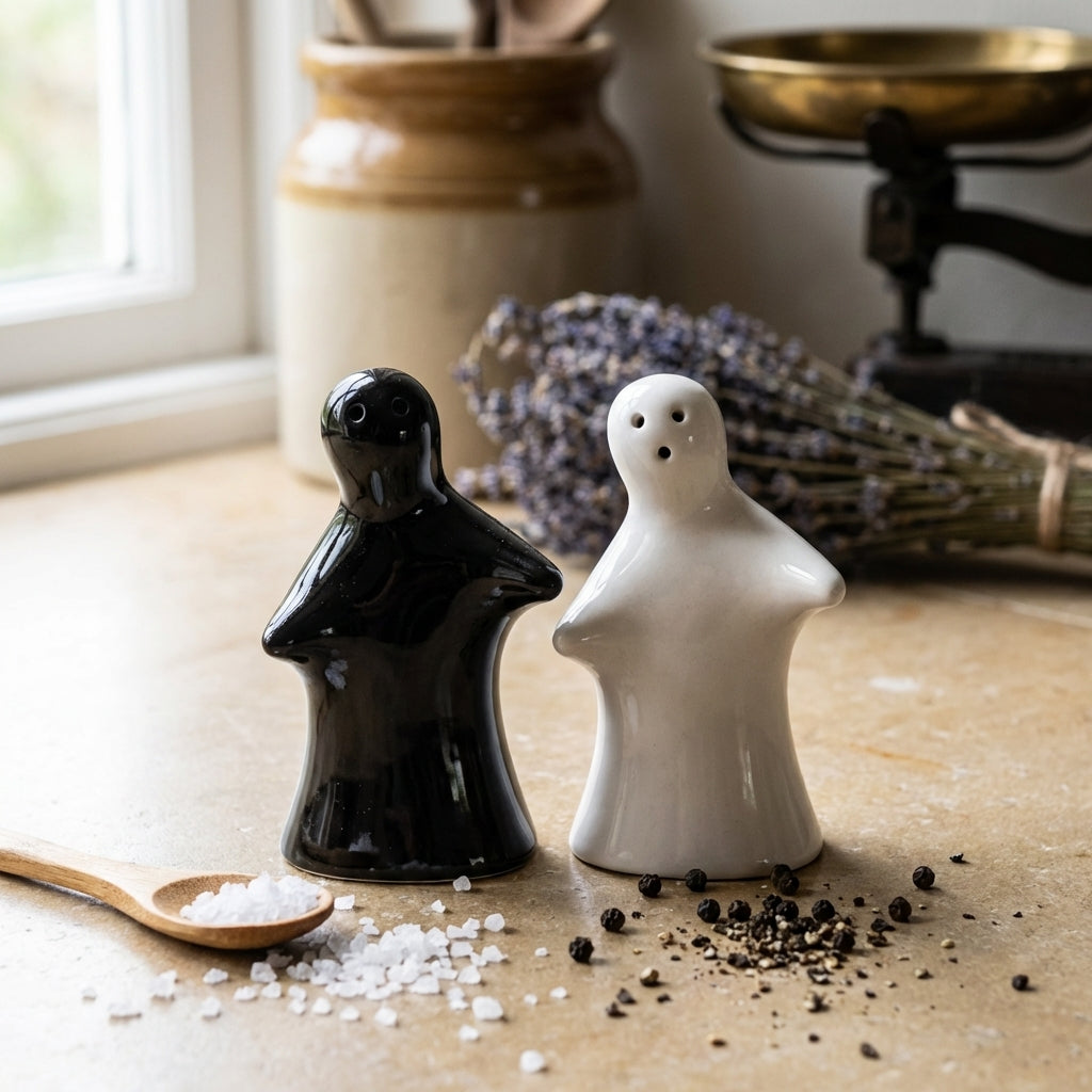 Ceramic Hugging Couple Salt Pepper Shaker Set, Pack of 2, Black White Kitchen Decor