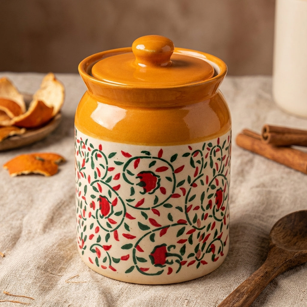 Elegant Orange Ceramic Storage Jar With Lid, Pack of 1, Orange Painted Design