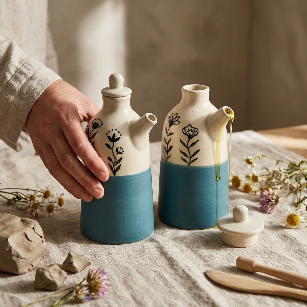 Ceramixs Handmade Ceramic Oil Dispenser Set, Pack of 2, Microwave Safe Kitchen Storage