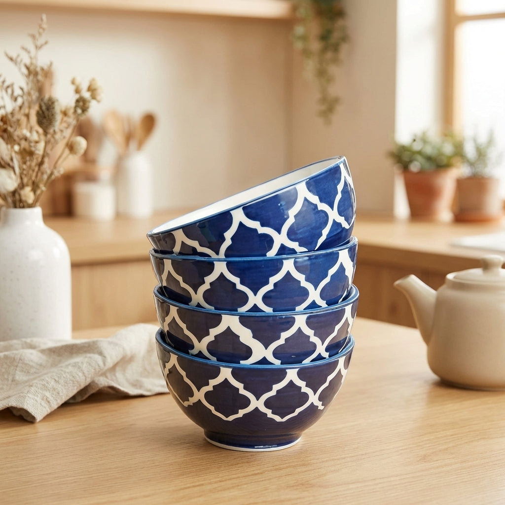 Elegance Ceramic Bowl Set, Pack of 4, Blue and White Floral Design