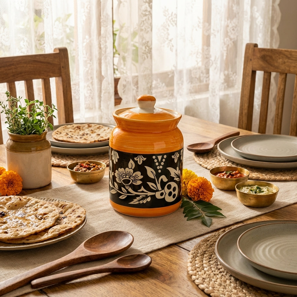 Handpainted Ceramic Pickle Storage Jar 1000ml, Pack of 1, Yellow Black Floral