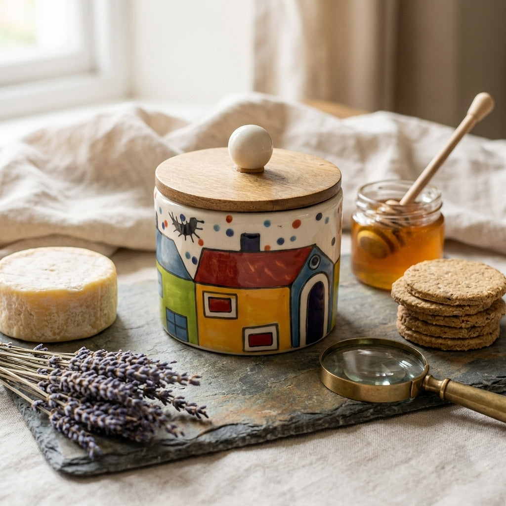 Ceramic Village Storage Jar With Wooden Lid, Pack of 1, Multicolour