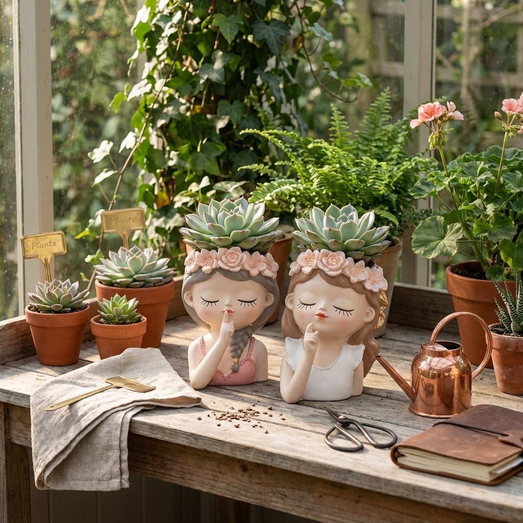 Cute Cartoon Head Planters, Pack of 2, Mini Succulent Pots With Drainage For Small Plants