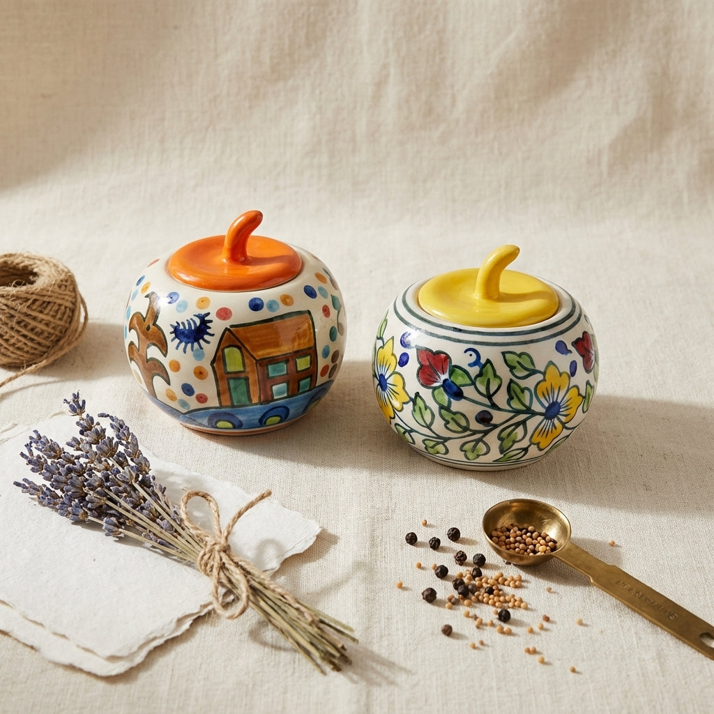 Handcrafted Ceramic Storage Jars, Pack of 2, Floral Decorative Pattern