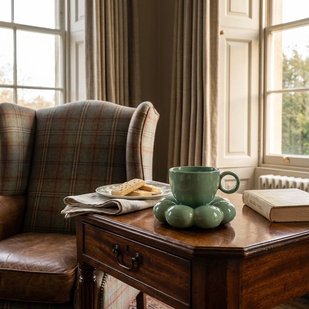 Bubble Ceramic Cup And Saucer Set, Pack of 1, Unique Green Coffee Tea Mug Modern Sculptural Design