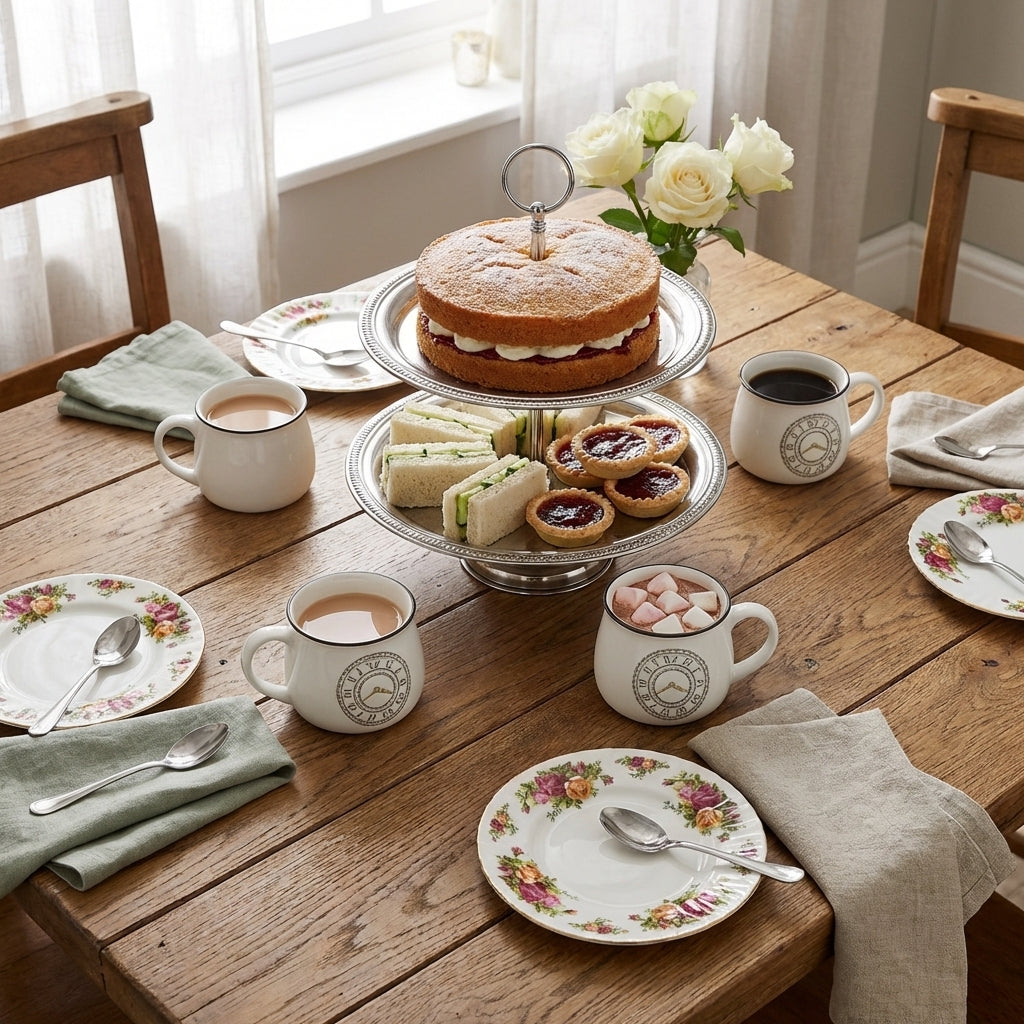 White Ceramic Tea Cups, Pack of 6, Classic Clock Design