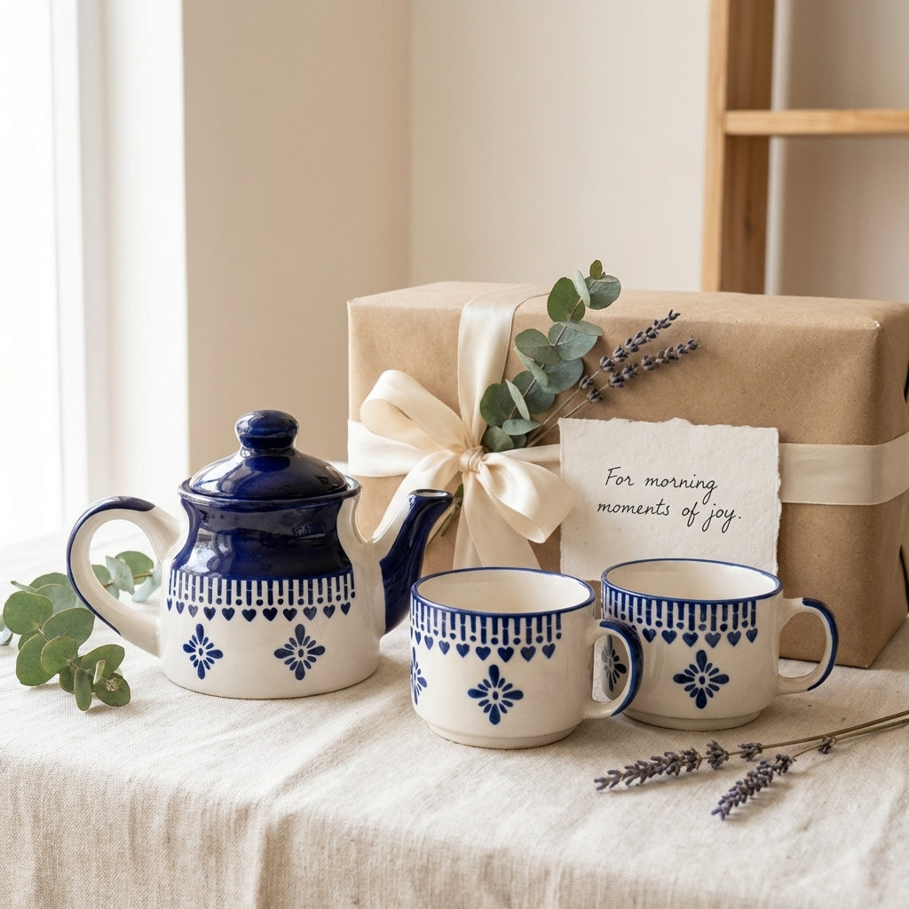 Beautiful Ceramic Tea Cup and Kettle Set, Pack of 2, Morning Style