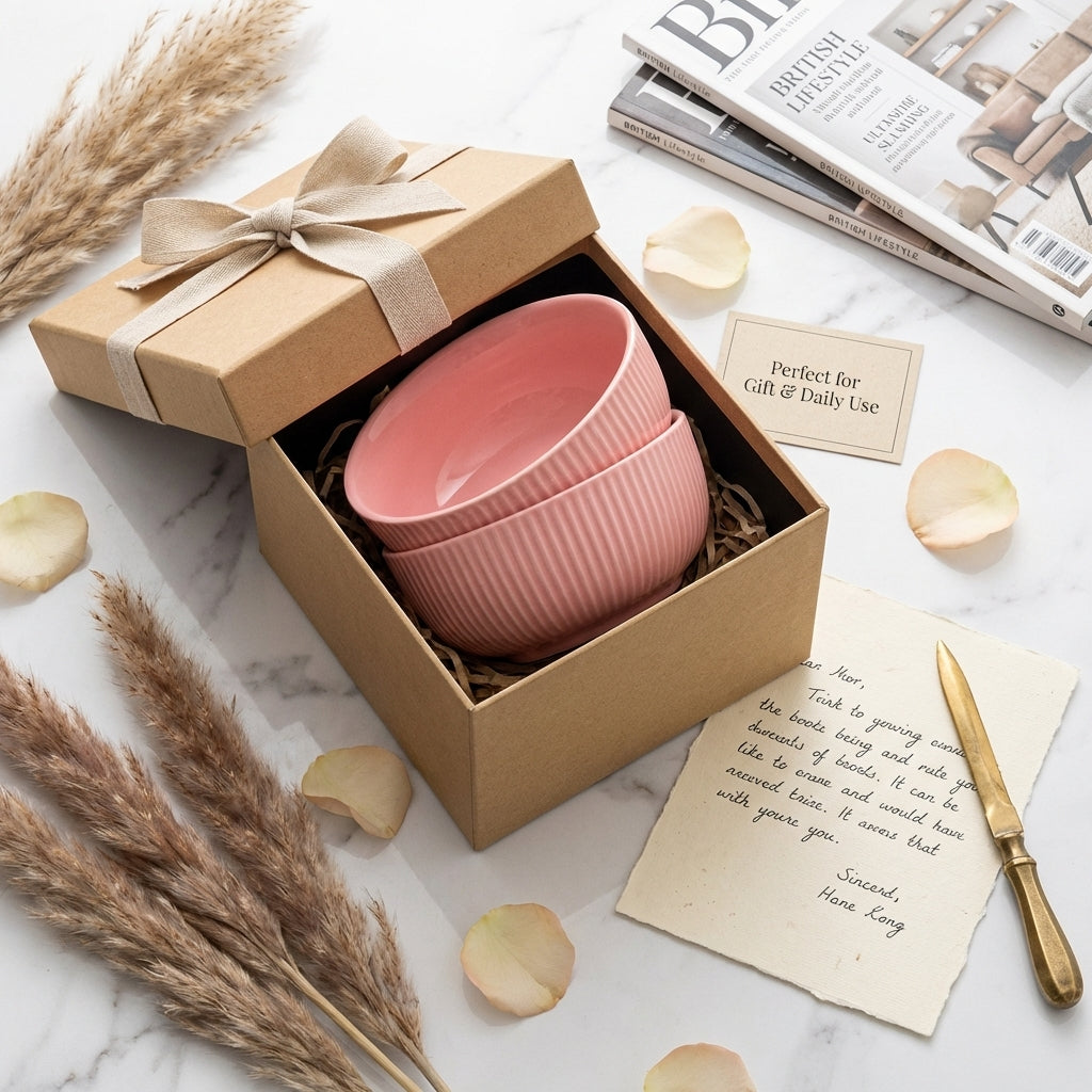 AMAZECART Ceramic Serving Bowls For Snacks Pasta Salad Ice Cream, Pack of 2, Pink