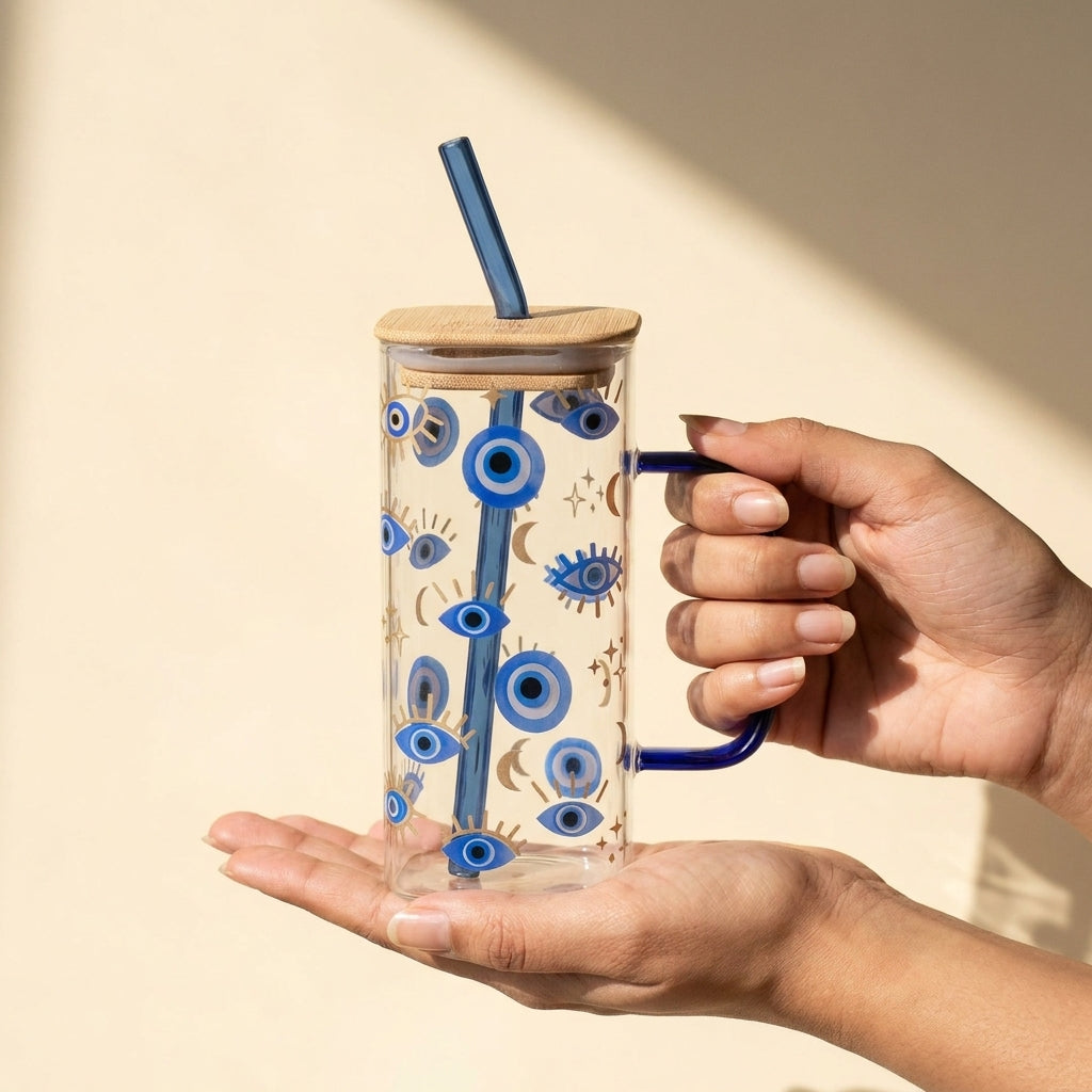 Evil Eye Glass Tumbler with Wooden Lid, Pack of 1, Square Design