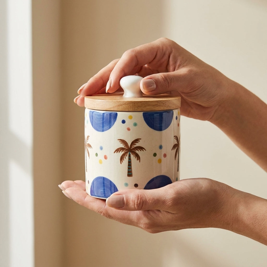 Hand Painted Ceramic Storage Jars with Wooden Lids, Pack of 2, Multicolor