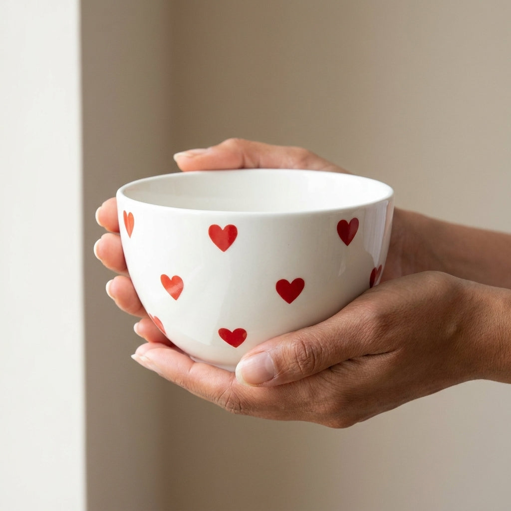 Red Heart Ceramic Breakfast Bowl, Pack of 1, Red Heart Pattern