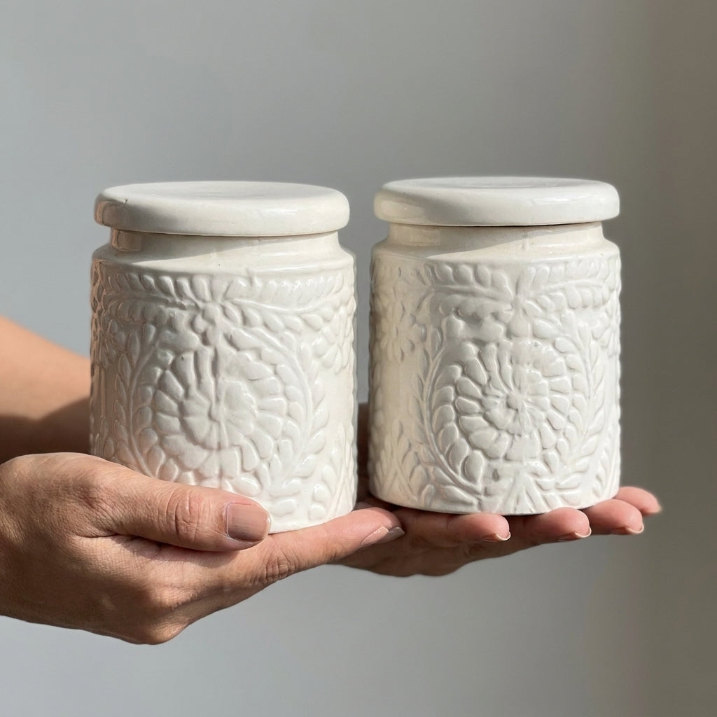 White Ceramic Storage Jars with Spoons, Pack of 2, 700ml Kitchen Canisters