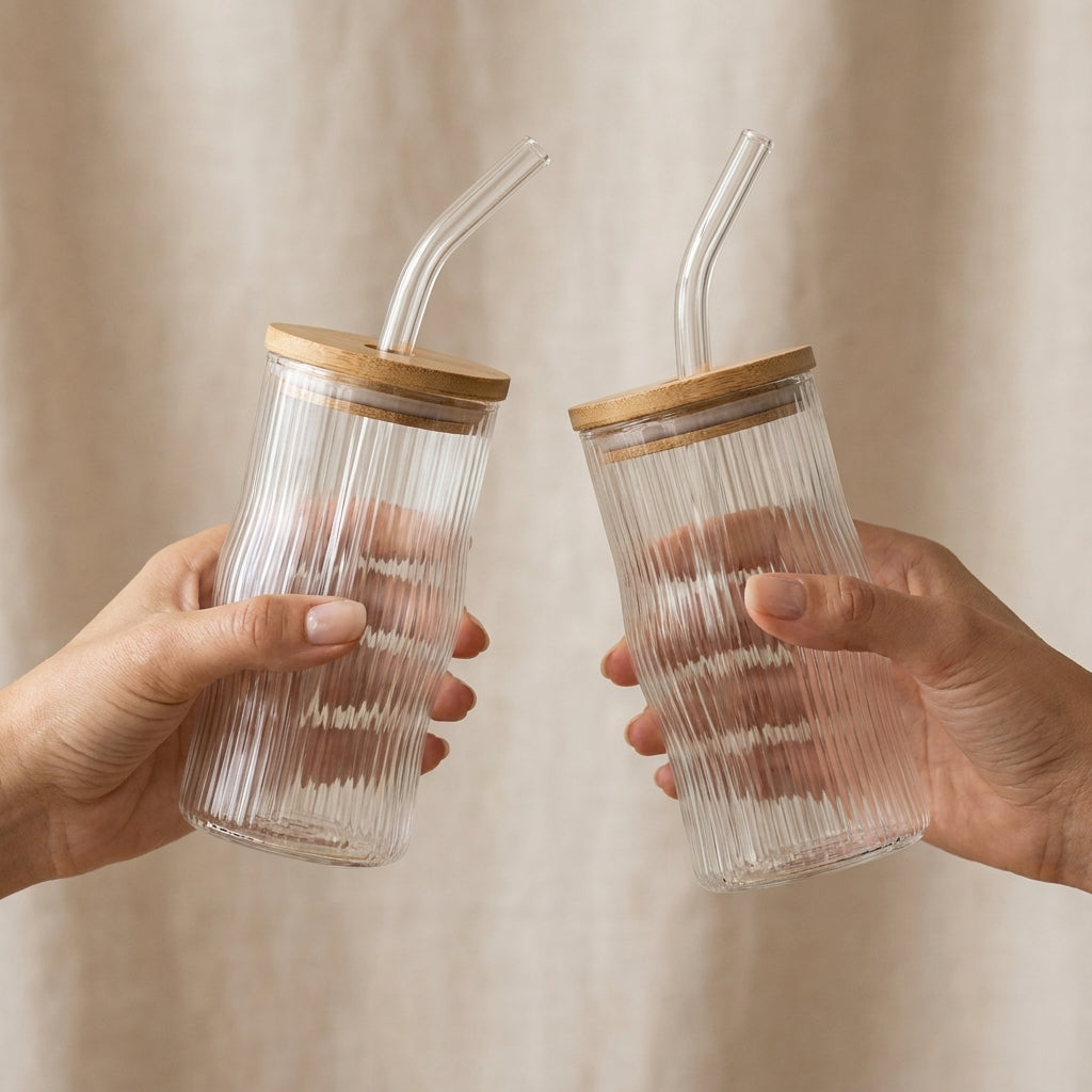 Wave Striped Glass Tumblers with Lid and Straw 500ml, Pack of 2, Clear